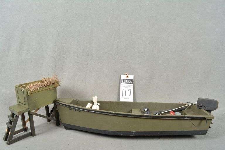Model Hunting Skiff and Duck Blind with miniature decoys by Houston Lewis, Harkers Island, NC, signed by the maker image