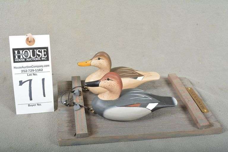 Pair of Gadwall miniatures, drake & hen, in a hanging style, by Joseph B. Lee, dated Jan. 2006. signed by the maker image