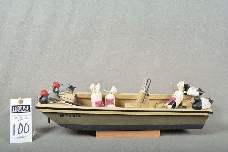 Model Hunting Skiff with miniature decoys and bags of corn by Houston Lewis, Harkers Island, NC image