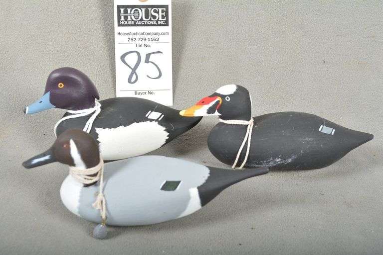 Three miniature decoys by Wayne Davis, Harkers Island, NC, Pintail drake, Surf Scoter and Tufted duck drake, all signed by the maker image