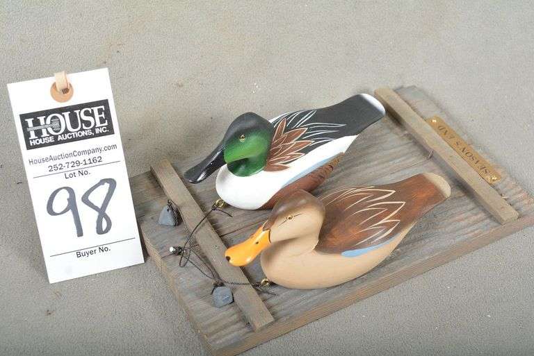 Pair of miniature Northern Shoveler drake and hen, in hanging style on plaque, by Joseph B. Lee, dated May 2005, signed by the maker image