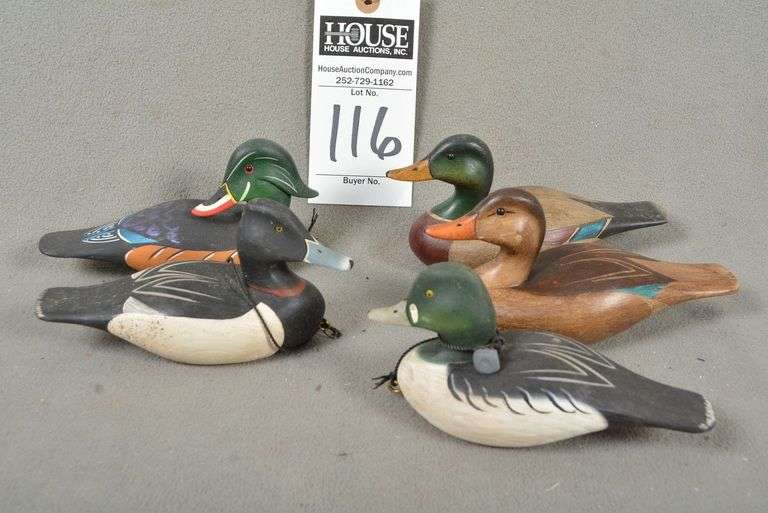 Five miniature decoys by Joseph B. Lee, all signed by the maker - Mallards drake and hen, Wood Duck, Golden Eye and Rink Neck image