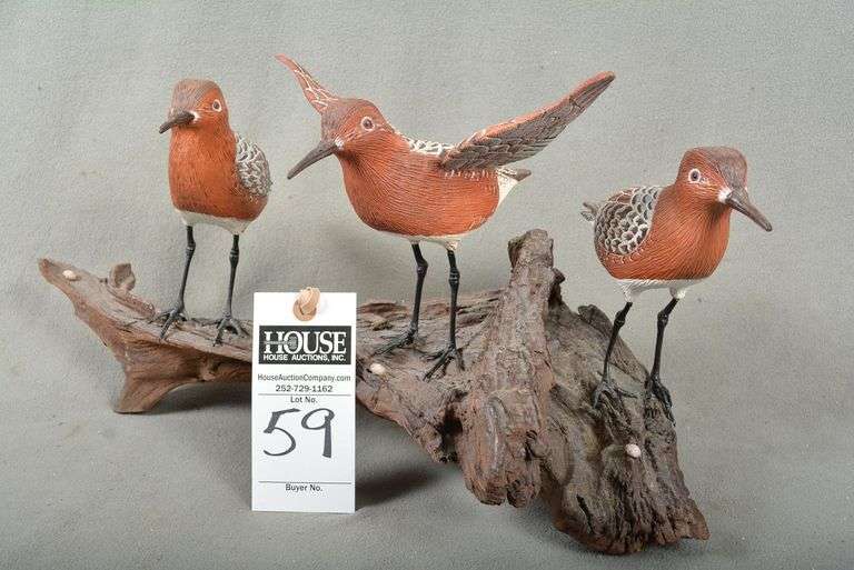 Three Beach Robins on driftwood, by Norman Hancock, Harkers Island, NC, dated April 1998, signed by the maker. Very rare Beach Robins by Norman Hancock. image