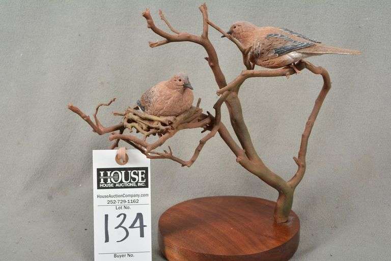 Two Morning Doves mounted on tree branch by unknown maker, outstanding detailed carving and painting image