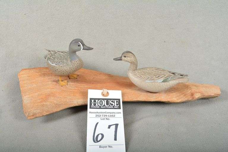 Pair of miniature Pintails, drake & hen, mounted on driftwood, by C. Waterfield, VA. Beach, VA, dated Sept. 1981, signed by the maker image