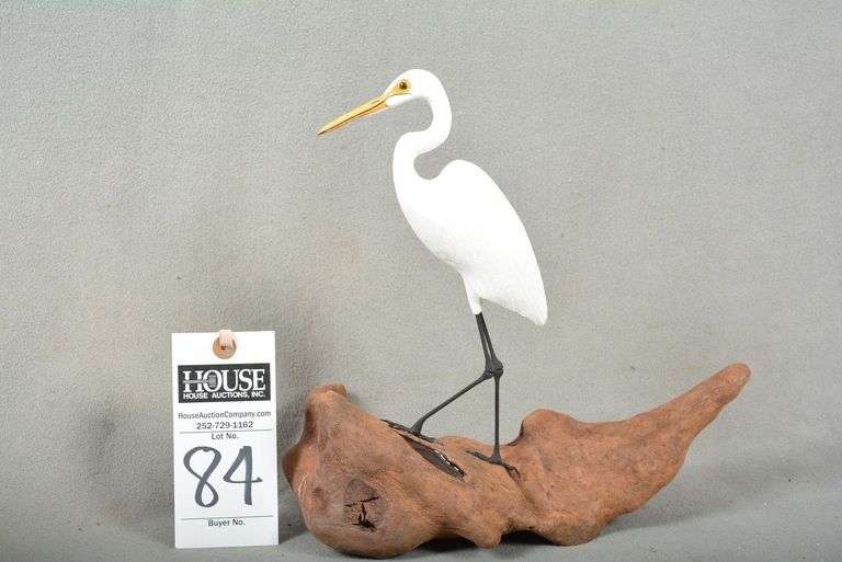 Miniature Egret on driftwood, by Donald Repeher, Chincoteague, VA, dated 10-27-2003, signed by the maker image