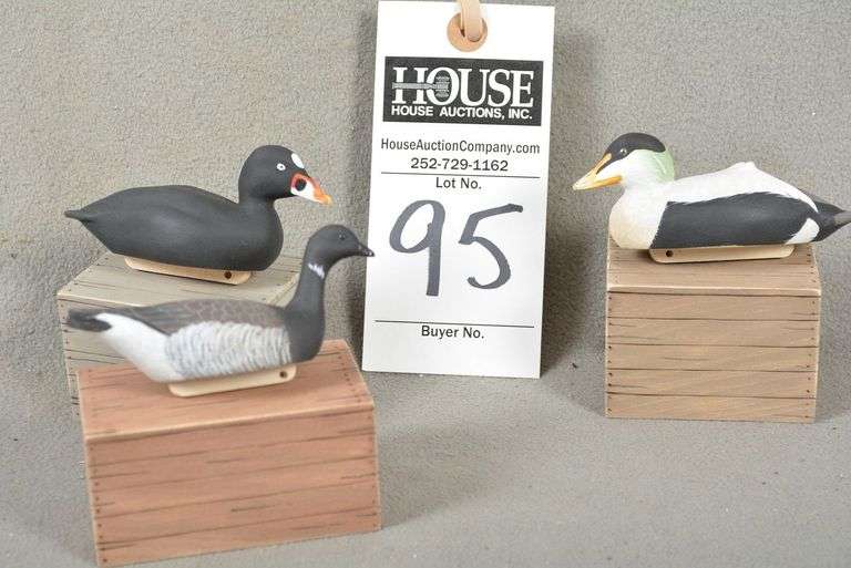 Three miniature decoys by Jack Cox, signed by the maker - Eider drake, Brant and Surf Scoter, dated 2019 image