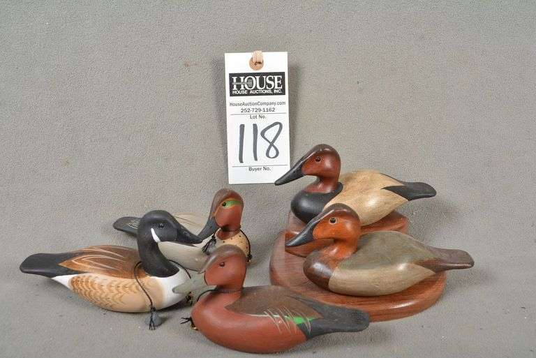 Five miniature decoys by Joseph B. Lee, 4 signed by the maker - Canvasbacks, Canada Goose, pair Green Wing Teal image
