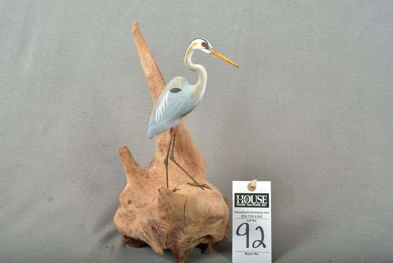 Miniature Blue Heron on driftwood, by Donald Repader, Chincoteague, VA, dated 11-11-2003, signed by the maker image