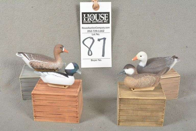 Four miniature decoys by Jack Cox, all signed by the maker - Snow Goose, Blue Goose, Bufflehead Drake and hen image