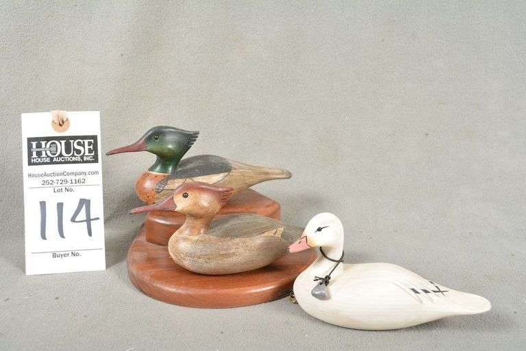 Three miniature decoys by Joseph B. Lee, dated 2000 and 2004, all signed by the maker, Red Breasted Mergansers - drake and hen, and Snow Goose image