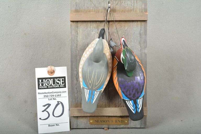 Pair of Wood Duck miniatures in a hanging style, by Joseph B. Lee, dated Jan. 2006, signed by the maker, with name plate "Season's End"