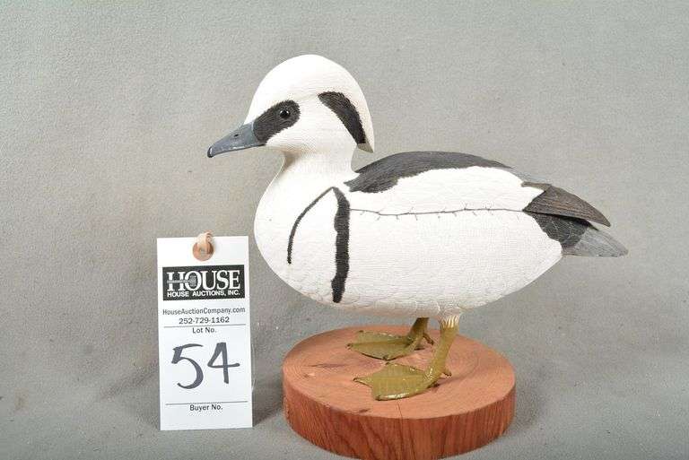 Smew drake by Frank Moore, Harkers Island, NC, signed by the maker, mounted on stand with name plate
