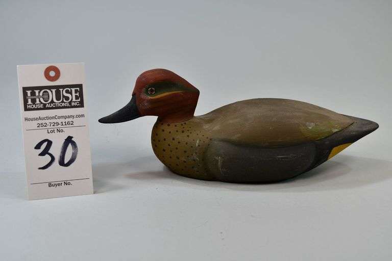 Green Wing Teal, drake, Carver: Glenn Lowe, Smyrna, NC. Glenn was an active member of the Core Sound Decoy Carvers Guild for a long time. Bottom: written in ink: "This is the reason I don't make teal anymore, Glenn, 4/2/00, Made: 1991" image