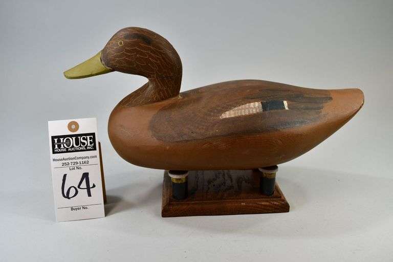 Black Duck, Carver: Paul Gibson, Havre de Grace, MD. All of Paul Gibson's decoys were hand-made until he bought Madison Mitchell’s lathe.  Paul is one of the best painters to come out of the Havre de Grace region. This decoy is signed in ink: "Paul Gibson, Havre de Grace, MD, 1969." image