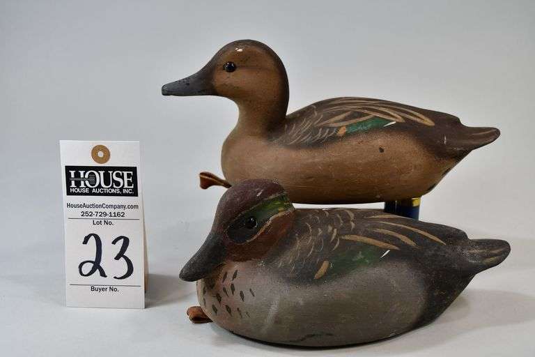 Green Wing Teal pair, Carver: Ty Turner, Coot Decoy Co. Lewisburg, PA. 1996.  Bottom of both birds have the Ty Turner signature in ink and Coot Decoy Co. stamped on them. They both have leather anchor attachments nailed on. image