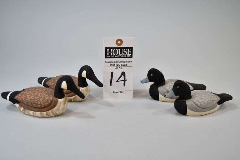 Two sets of Miniatures. One pair Canada Geese and two Scaup drakes. Carver: Bernie Daisey, Chincoteague, VA. The geese are signed "Bernie Daisey, 1984." The scaup is signed "Bernie Daisey, 1984." image