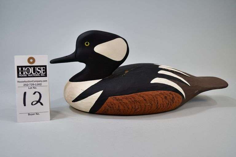 Hooded Merganser, drake, Carver: Nick Sapone, Wanchese, NC. Sapone makes hunting-style decoys, in the traditional Outer Banks canvas style. This decoy is beanded "NS" and signed in ink "Nick Sapone, Wanchese, NC" image