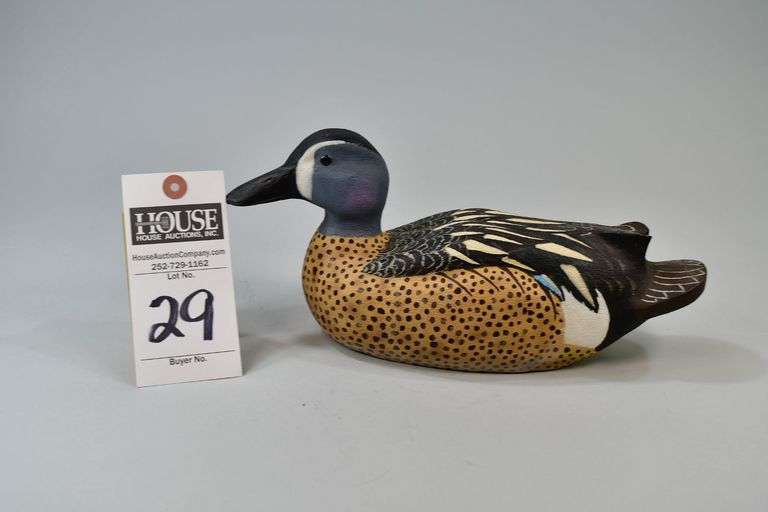 Blue Wing Teal, drake, Carver: Jason Michels, Beaufort, NC. Jason Michels carved many decoys as a young man growing up on Harkers Island. Bottom of the decoy has written in yellow paint: "Jason Michels, Blue Wing Teal 'drake' 12/94" image