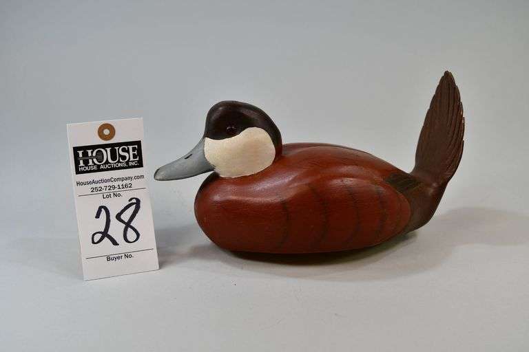 Ruddy Duck, drake, Carver: Norman Hancock, Harkers Island, NC. Norman Hancock was one of the "Original Seven" founders of the Core Sound Decoy Guild. On the bottom, "Norman Hancock, Harkers Island, NC, 4-91" is burned in and there is a weight mounted but no keel. image