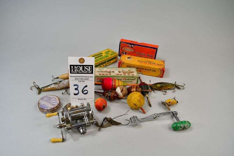 19 piece antique fishing tackle and boxes, Items in this lot include 4 Bait Boxes, 1 round tin of small hooks, 6 "Bait" hooks, 1 reel with attachment, 7 bobbers image
