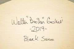 Rare Walter "Brother" Gaskill Black Swan, half-size signed by the maker, dated 2019. Inscribed on the bottom: WALTER "BROTHER" GASKILL, 2019, BLACK SWAN. One of the very few Black Swan decoys made by Brother Gaskill.