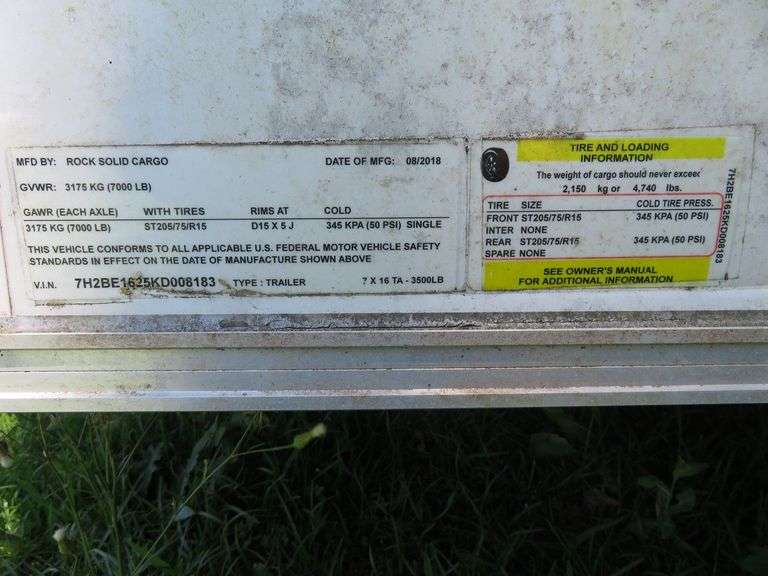 2019 ROCK SOLID CARGO ENCLOSED TRAILER, 7 ft. wide x 16 ft. long, approx. 6 ft tall inside, no leaks, excellent condition, VIN  7H2BE1625KD008183