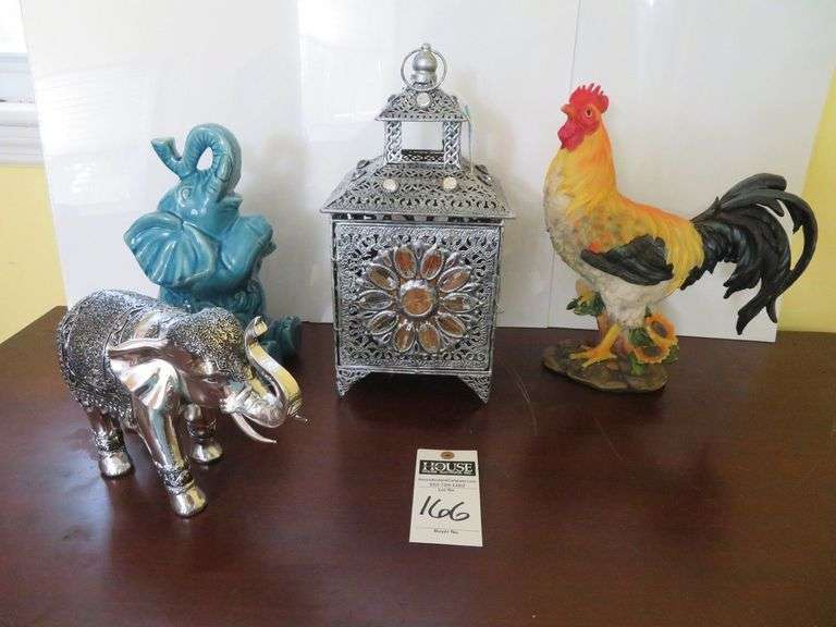 Decorative figures, ceramic rooster, 2 elephants, candle holder image