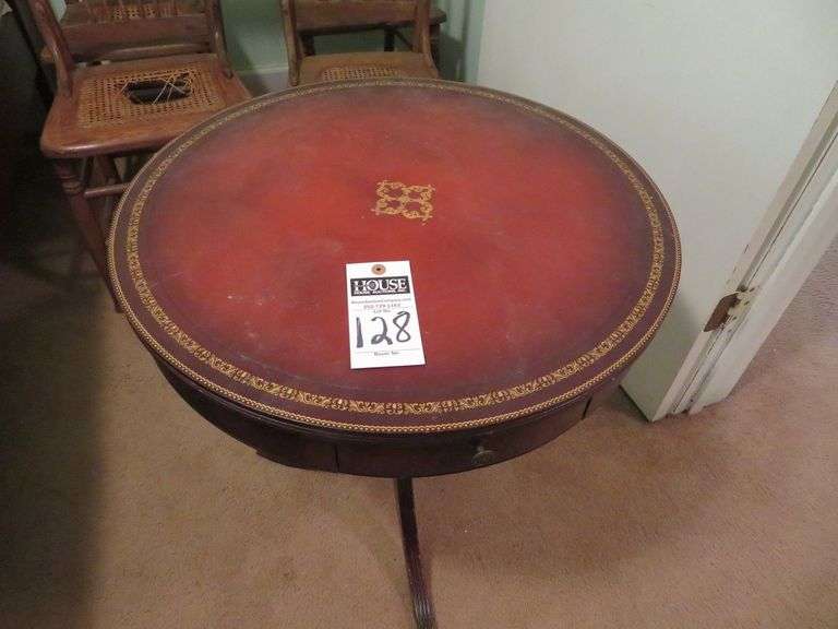 Three leg pedestal table with drawer, stained and painted, approx. 24" diameter image