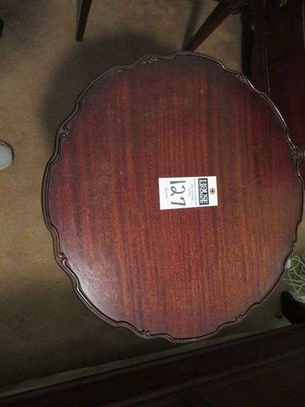 Three leg mahogany pedestal table, top[ is 23" diameter image