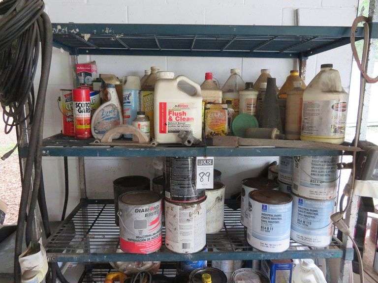 Buffer, reciprocating saw, and large assortment car paint, paint thinner, entire contents of shelf and shelf unit image