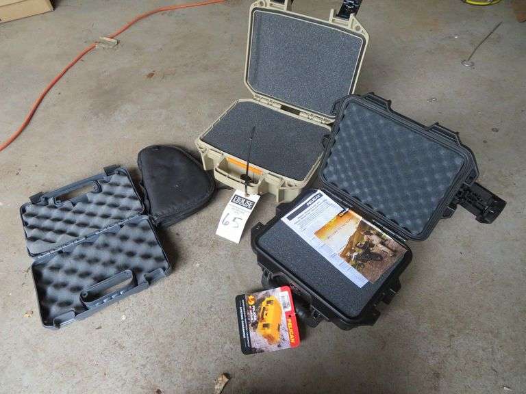 Two Pelican Type Hard Storm Protective Cases, one SIG Handgun hard case, one soft hand gun case image