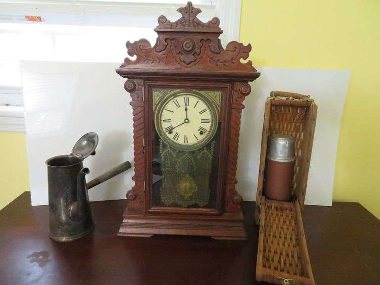Very early Mantle clock, very early thermos with wicker case, metal USN pitcher by Reel & Barton image