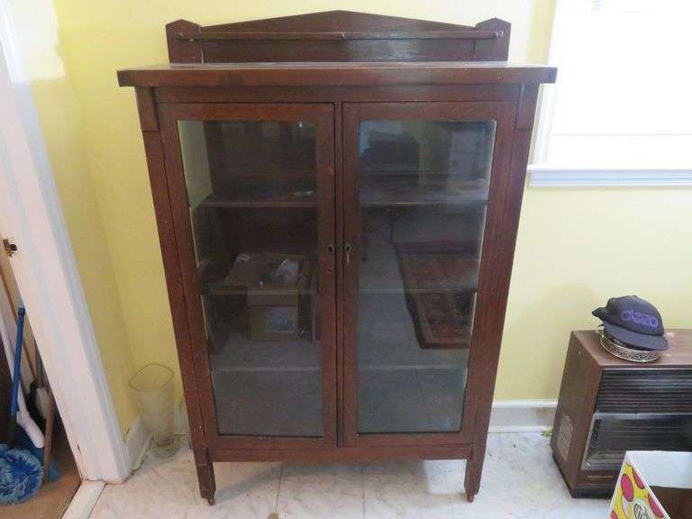 Excellent glass front China cabinet/display case, possibly oak but not certain, approx. 62" x 40" x16" image