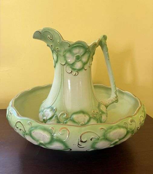 Green & White Pitcher with Basin, pitcher is approx. 12" tall, Basin is approx. 16" image