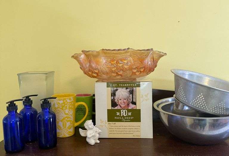 Kitchen Miscellaneous: Paula Deen 2 Qt Kettle/Collander, 3 Blue glass jars, glass vase, angel, 2 coffee mugs and Fenton Carnival Glass Ruffled bowl, 4 mixing bowls image
