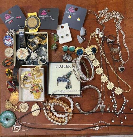 Assorted jewelry: Broches, earrings, ;pins, bracelets, rings, necklaces, some gold, some 925 Sterling Silver image