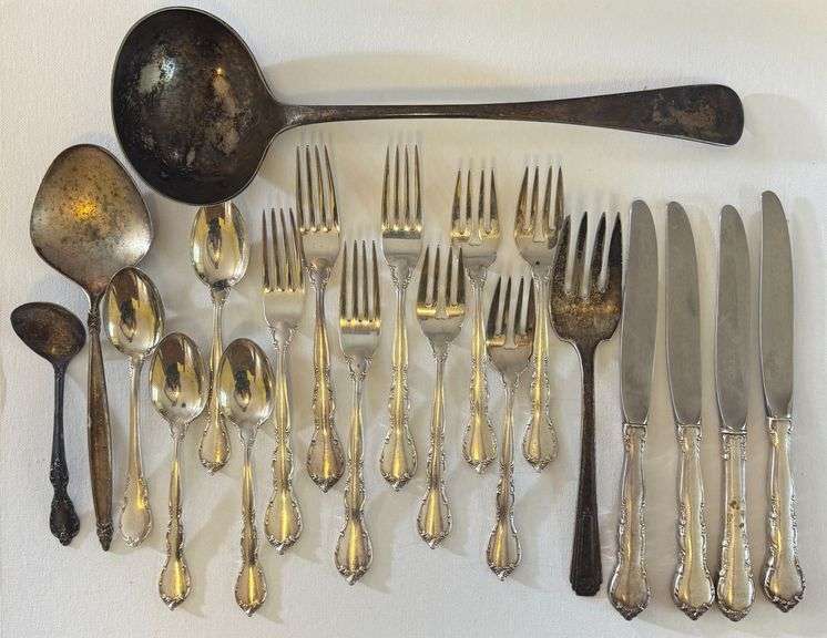 STERLING SILVER FLATWARE - NOTE: Only the knife blade is NOT Sterling silver, but the handle to knife is Sterling Silver.  Lot: 4 Dinner Forks, 4 Salad forks, 4 Spoons, 4 Knives, Mignonette Pattern, 1 Small Spoon & 1 Big Spoon-WM ROGERS, 1 Large Spoon-Walker & Hall, 1 Serving Fork-1847 Roger Bros. image