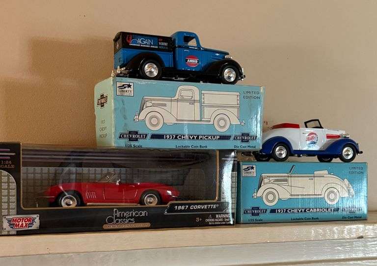 3 Die Cast Metal Cars: (1) PEPSI 1937 Chevy Cabriolet, (1) AMOCO 1937 Chevy Pickup, (1) MOTOR MAX 1967 Chevy Corvette image