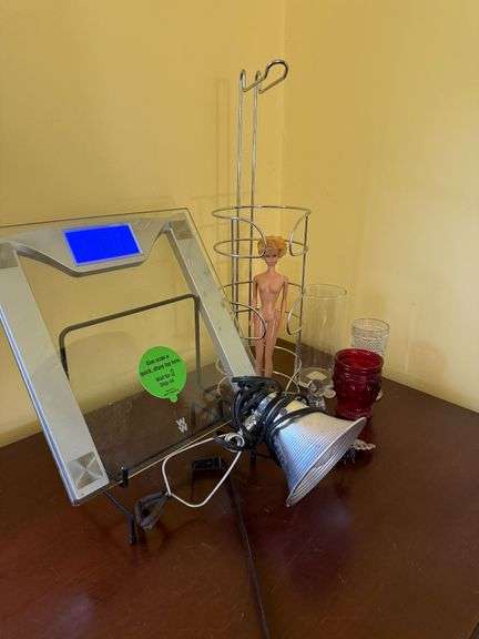 Miscellaneous Items: Weight Scale (works), Glass, TP Holder, Wreath Door Hanger, Plate Stand, Barbie, Spot Light image
