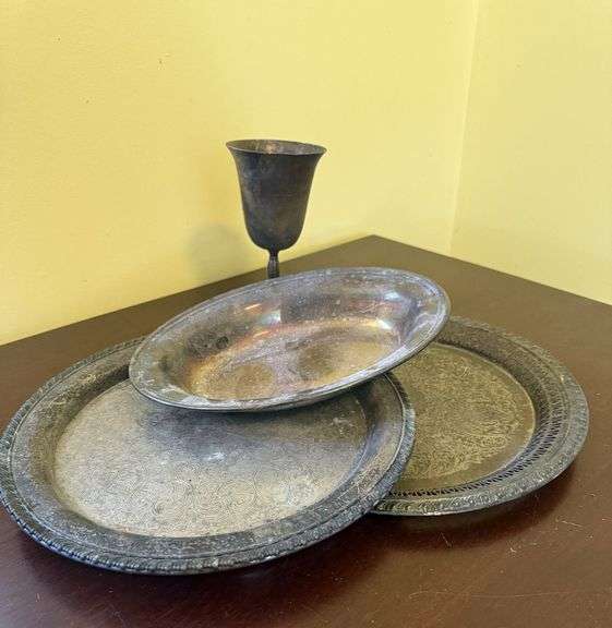 2 Silver like oval trays, 1 oblong oval serving bowl, 1 goblet image