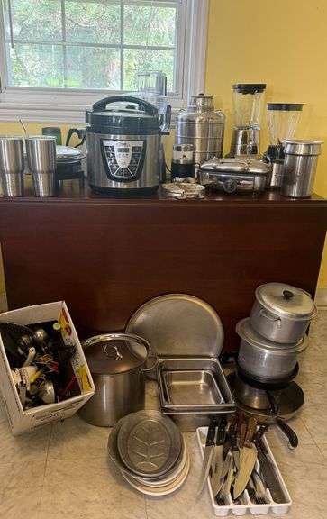 Assorted Kitchen Pots, pans, appliances, flatware, utensils, knives, platters image