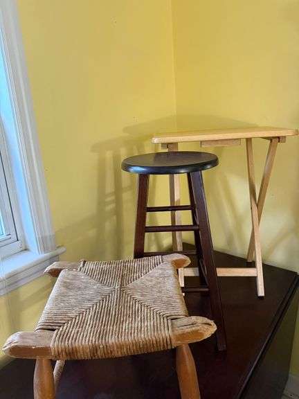 (1) Wooden Step Stool Foot Stool, (1) Wooden Stool, (1) Wooden Foldable  Table image