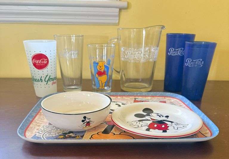 Iconic Memorabilia - Winnie the Pooh Glass, Pepsi Pitcher, plastic cups, keychain, Mickey Mouse Platter, plate and bowl image