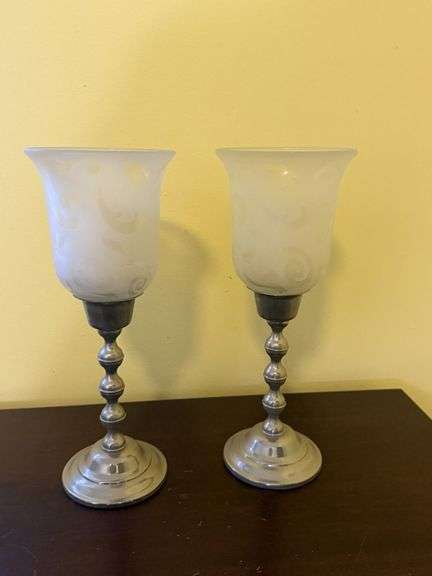 2 Pewter Candlesticks with etched glass tops, approx. 13" image