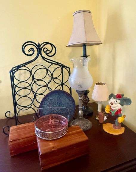 Miscellaneous Décor: (1) Depression Glass divided dish, (1) Pottery Plate, (2) Wooden Boxes, (3) Lamps, (1) Wine Rack, (1) Door Stop image