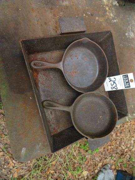 STEEL Welded square frying pan (not cast iron), 14" square, 2 Cast Iron frying pans, 8" and 6.5" image