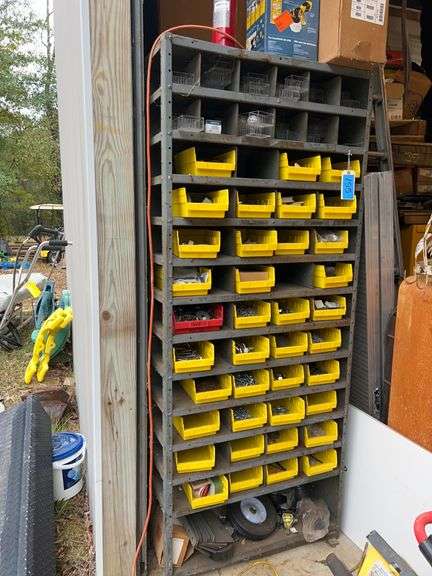 Lot - Storage Rack with Bins and Assorted Hardware and Parts image