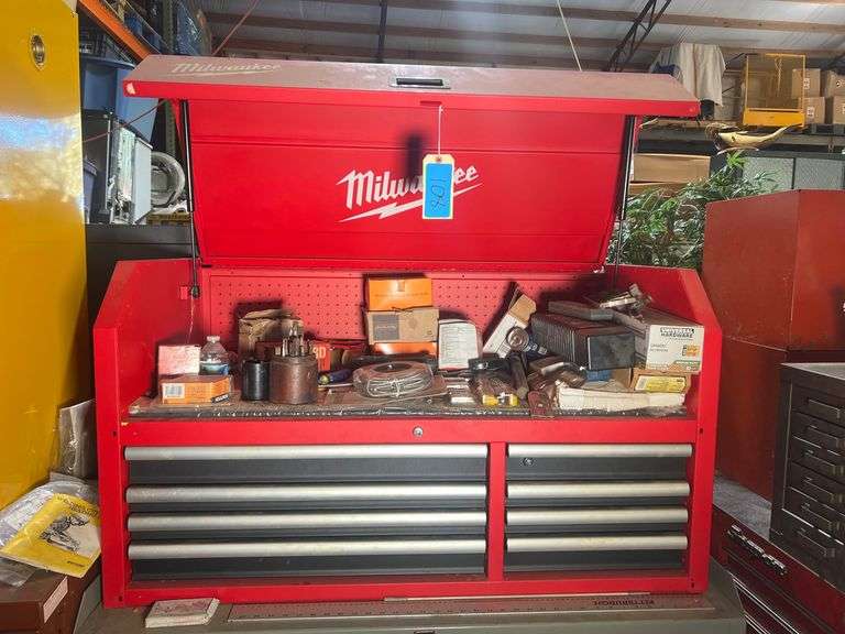 Lot - Milwaukee Rolling Tool Chest with Assorted Tools and Hardware image