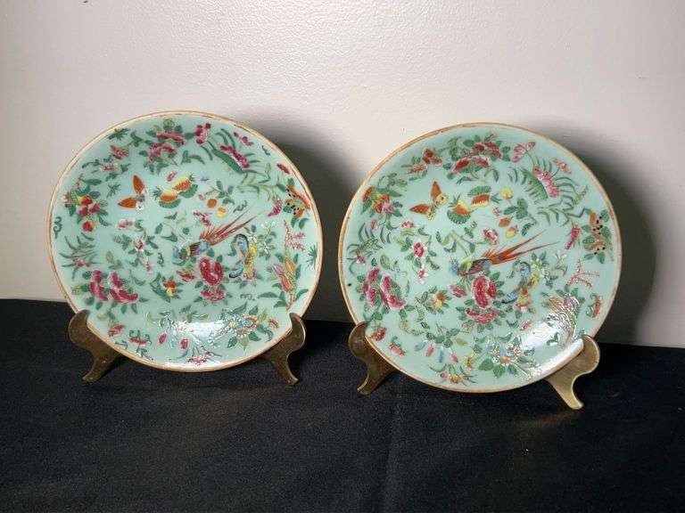 (2) Antique Celadon Canton Famille Rose Plates - 7" image
